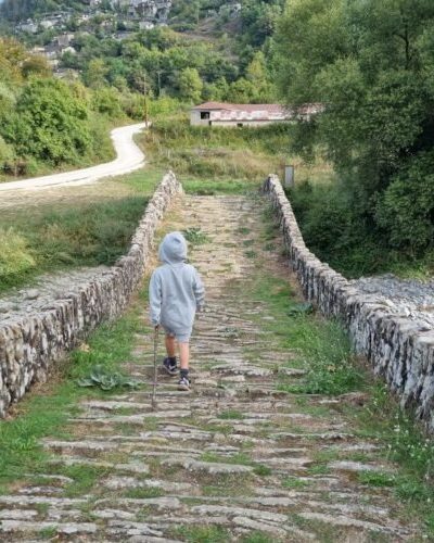 A traditional arched stone bridge in a Zagori village, surrounded by lush green forests and mountains in Northern Greece